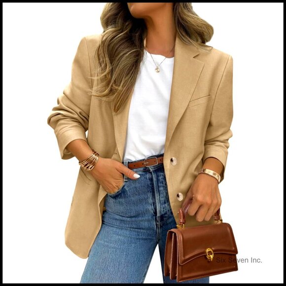 Jackets & Blazers - Long Sleeve Lapel Open Front Suit Jacket Blazer with Pockets